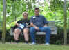 Gloria, Sniffy & Jim resting on a bench in Bellingrath Gardens
