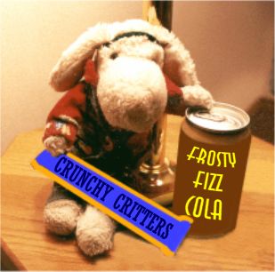 Photo of Sparky with a Frosty Fizz Cola and Crunchy Critters Candy Bar